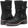 imageDECARSDZ Womens Motorcycle Boots Mid Calf PU Leather Biker Boots  Stylish Womens Black Brown Riding Boots for Motorcycle Combat and FestivalBlack