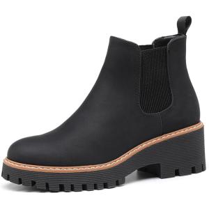 imageDECARSDZ Womens Chunky Platform Chelsea Boot With Elastic Low Wedge Heel Slip On For Fall Work Suede Leather Classic Style Ankle Boots WomenBlack