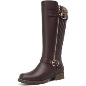 imageDECARSDZ Womens KneeHigh Boots Fashion Riding Booite Metal Buckle Calf BootBrown
