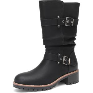 imageDECARSDZ Womens MidCalf Boots Fashion Classic Comfy Biker Motorcycle Riding Low Heel Dress Boot ShoesBlack