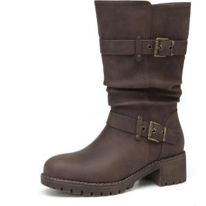 imageDECARSDZ Womens MidCalf Boots Fashion Classic Comfy Biker Motorcycle Riding Low Heel Dress Boot ShoesBrown
