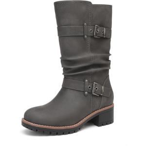 imageDECARSDZ Womens MidCalf Boots Fashion Classic Comfy Biker Motorcycle Riding Low Heel Dress Boot ShoesGrey