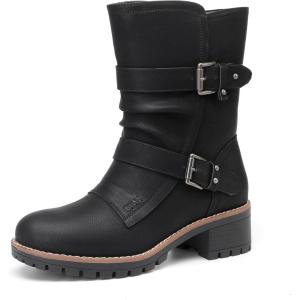 imageDECARSDZ Womens Motorcycle Boots Mid Calf PU Leather Biker Boots  Stylish Womens Black Brown Riding Boots for Motorcycle Combat and FestivalBlack