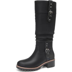 imageDECARSDZ Womens Knee High Black Leather Boots Chunky Low Heels Boot Stylish Tall Boots for WomenBlack
