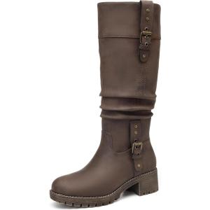 imageDECARSDZ Womens Knee High Black Leather Boots Chunky Low Heels Boot Stylish Tall Boots for WomenBrown