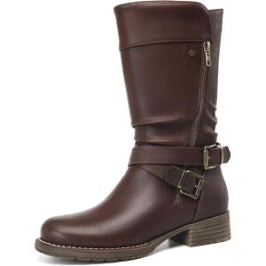 imageDECARSDZ Womens MidCalf Boots Fall Low Heel Fashion Ladies Combat Motorcycle BootsBrown