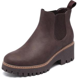 imageDECARSDZ Womens Chunky Platform Chelsea Boot With Elastic Low Wedge Heel Slip On For Fall Work Suede Leather Classic Style Ankle Boots WomenBrown