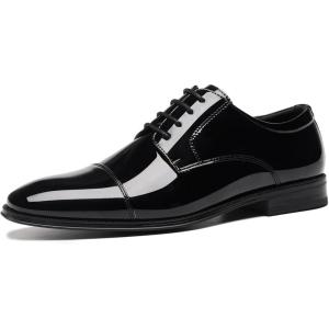 imageDECARSDZ Mens Classic Faux Patent Leather Laceup Oxford Tuxedo Dress Shoes Black Use for Business Wedding Formal Dinners Church Services Theatre PerformanceBlack