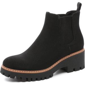 imageDECARSDZ Womens Chunky Platform Chelsea Boot With Elastic Low Wedge Heel Slip On For Fall Work Suede Leather Classic Style Ankle Boots WomenBlack Suede